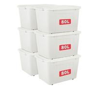 Cetomo 80L*6 Boîtes de Rangement avec Couvercles, Boîte de Rangement en Plastique avec Clips et Roulettes, Empilables, Encastrables, pour Placard de Bureau à Domicile, Blanc, 80L, Lot de 6