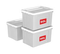 Cetomo 90L*3 Boîte de Rangement, Bac de rangement avec Poignée, Plastique Organisateur avec Couvercle, Empilable, Transportable, pour Vêtements, Bureau, Chambre, Dortoirs, Gris, 90L - Lot de 3