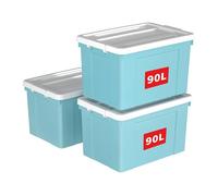 Cetomo 90L*3 Boîte de Rangement, Bac de rangement avec Poignée, Plastique Organisateur avec Couvercle, Empilable, Transportable, pour Vêtements, Bureau, Chambre, Dortoirs, Bleu, 90L - Lot de 3