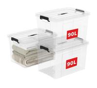 Cetomo 90L*3 Boîte de Rangement, Bac de rangement avec Poignée, Plastique Organisateur avec Couvercle, Empilable, Transportable, pour Vêtements, Bureau, Chambre, Dortoirs, Transparent, 90L - Lot de 3