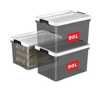Cetomo 90L*3 Boîte de Rangement, Bac de rangement avec Poignée, Plastique Organisateur avec Couvercle, Empilable, Transportable, pour Vêtements, Bureau, Dortoirs, Transparent Noir, 90L - Lot de 3