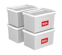 Cetomo 90L*4 Boîte de Rangement, Bac de rangement avec Poignée, Plastique Organisateur avec Couvercle, Empilable, Transportable, pour Vêtements, Bureau, Chambre, Dortoirs, Gris, 90L - Lot de 4