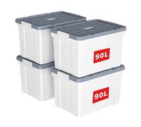 Cetomo 90L*4 Boîte de Rangement, Bac de rangement avec Poignée, Plastique Organisateur avec Couvercle, Empilable, Transportable, pour Vêtements, Bureau, Chambre, Dortoirs, Blanc, 90L - Lot de 4