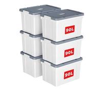Cetomo 90L*6 Boîte de Rangement, Bac de rangement avec Poignée, Plastique Organisateur avec Couvercle, Empilable, Transportable, pour Vêtements, Bureau, Chambre, Dortoirs, Blanc, 90L - Lot de 6