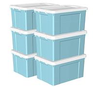 Cetomo 90L*6 Boîte de Rangement, Bac de rangement avec Poignée, Plastique Organisateur avec Couvercle, Empilable, Transportable, pour Vêtements, Bureau, Chambre, Dortoirs, Bleu, 90L - Lot de 6