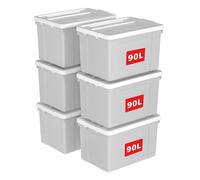 Cetomo 90L*6 Boîte de Rangement, Bac de rangement avec Poignée, Plastique Organisateur avec Couvercle, Empilable, Transportable, pour Vêtements, Bureau, Chambre, Dortoirs, Gris, 90L - Lot de 6