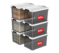 Cetomo 90L*6 Boîte de Rangement, Bac de rangement avec Poignée, Plastique Organisateur avec Couvercle, Empilable, Transportable, pour Vêtements, Bureau, Dortoirs, Transparent Noir, 90L - Lot de 6