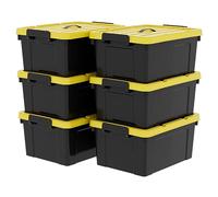 Cetomo Lot de 6 boîtes de rangement en plastique avec couvercles, poignée et boucles de verrouillage pour outils, jardin, garage, maison, durable, robuste, empilable, gigogne, noir et jaune, 35 l