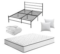 CEYIRO Ensemble Matelas 140x190 et Lit et Couette et 2Oreillers(Pack Matelas 140x190+Lit Métal avec Tête)