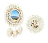 CeyKvo Lot de 2 miroirs muraux décoratifs avec franges tissées, blanc ivoire, style bohème, rond, pour appartement, chambre à coucher, salon, décoration