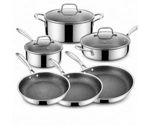 Cflagrant® By Napoléon Batterie de Cuisine 9 Pieces Nid d'Abeille et Inox 18/10 Triply, 3 Poêles 20/24/28 cm, Casserole 16 cm, Sauteuse 24 cm, Faitout 22 cm