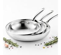 Cflagrant Poêle Inox 18/10 Triply Premium Sans PFAS/PFOA/PTFE/Cadmium, Acier Inoxydable 3 Couches, Compatible Induction, Tous Feux et Four, Qualité Professionnelle (Lot de 3 Grandes Poêles 24/28/32cm)