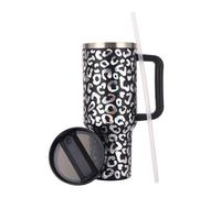 CH HIUBIE Gobelet isotherme de 1180 ml avec paille et anse - Double paroi en acier inoxydable - Pour boissons chaudes et froides - Pour la maison, les voyages (1180 ml, motif léopard, noir)