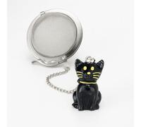 Cha Cult - Boule à Thé “Filou le Chat Noir” 5 cm - Acier Inoxydable Maillage Fin avec Chaînette & Figurine Chat Peinte à la Main - Réutilisable & Éco-Responsable