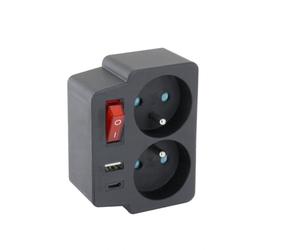 CHACON Biplite Domino 2X16A + 1xUSB-A + 1xUSB-C avec Interrupteur Noir