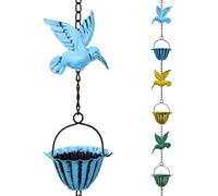 Chaîne de descente de gouttière en métal coloré, composée de 7 gobelets et de 8 colibris