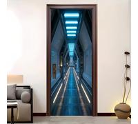 ChaîNe de Vaisseaux Spatiaux de Science Fiction Stickers de Porte 3D Auto-adhésif Bleu Papier Peint Porte Amovible en PVC Étanche, Autocollants Muraux pour Salon, Chambre, Salle de Bain 95x205 cm