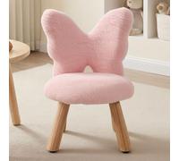 chairus Chaise Enfant, Petit Tabouret Bois, Dossier Papillon, Rose | Tissu de Fausse Fourrure, Pieds en Bois, Coussin Rembourré, Sans Accoudoir, pour Salon, Chambre