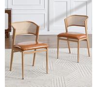 chairus Chaise Rotin Salle Manger Lot de 2 Chaise Cuisine Vintage, Marron | Style Rétro Fauteuil Salle Manger Respirant Dossier en Rotin Pieds en Métal Cuir PU pour Salon Chambre Dîner