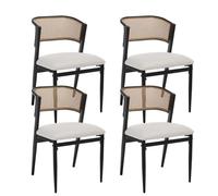 chairus Chaise Rotin Salle Manger Lot de 4 Chaise Cuisine Vintage, Noir | Style Rétro Fauteuil Salle Manger Respirant Dossier en Rotin Pieds en Métal Tissu Lin pour Salon Chambre Dîner