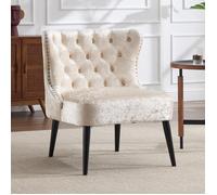 chairus Fauteuil Velours avec Pieds Bois, Chaise de Salon pour Chambre, Fauteuil Crapaud avec Rivets et Boutons Décoratifs, Beige
