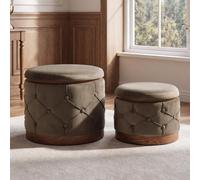 chairus Lot de 2 Pouf de Rangement en Velours Tabouret de Coiffeuse, Gris | Ottomans de Salon Repose-Pieds Rond Rangement Couvercle Amovible Base en Lattes Bois 42.5 cm et 32.5 cm pour Chambre Entrée
