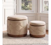 chairus Lot de 2 Pouf de Rangement en Velours Tabouret de Coiffeuse, Kaki | Ottomans de Salon Repose-Pieds Rond Rangement Couvercle Amovible Base en Lattes Bois 42.5 cm et 32.5 cm pour Chambre Entrée