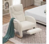 Chaise à bascule adulte 110 kg, rocking chair blanc en tissu teddy doux avec repose-pieds pliable, fauteuil relax salon et chambre