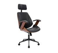 Chaise de bureau à roulettes décor bois courbé placage effet noyer et simili cuir noir