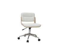 Chaise de bureau à roulettes design blanc, bois clair et acier chromé ARAMON
