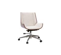 Chaise de bureau à roulettes design en tissu effet velours texturé beige, bois foncé et acier chromé CURVED