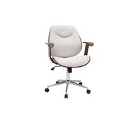 Chaise de bureau à roulettes design en tissu effet velours texturé beige, bois foncé et acier chromé YORKE