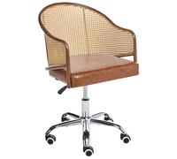 Chaise de Bureau Cuir PU et Rotin PE Tresse Viennoise Dossier Réglable Marron