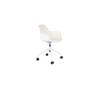 Chaise de bureau en plastique blanc, assise en tissu blanc uni, pivotante, avec roulettes, ressort à gaz - Zuiver, Albert Kuip - 52x59x84 cm