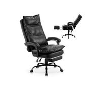 VEVOR Chaise de Bureau avec Repose-pieds et Coussin Lombaire, Fauteuil de Direction Ergonomique, Siège de Bureau en Cuir PU, Charge Max. 181,44 kg, Hauteur Réglable, Bascule, Bureau Maison, Noir