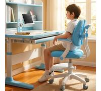 Chaise de bureau ergonomique pivotante pour enfants avec accoudoirs et repose-pieds retournés, double soutien dorsal, chaise d'ordinateur réglable en hauteur et en profondeur, pour adolescents (bleu)