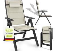 Chaise de jardin Tillvex avec rembourrage Premium, 1 pièce, beige, pliable, en aluminium | Dossier haut avec accoudoirs | Chaise pliante réglable | Fauteuil pliant pour balcon, jardin ou terrasse