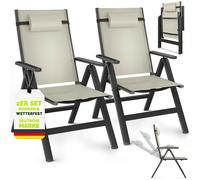Chaise de jardin Tillvex Premium, lot de 2, beige, pliable, en aluminium | Dossier haut avec accoudoirs | Chaise pliante réglable | Fauteuil pliant pour balcon, jardin ou terrasse