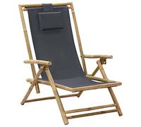 Chaise de relaxation pliante en bambou avec dossier réglable 4 positions, gris foncé, avec coussin et assise en tissu, robuste jusqu'à 110 kg, idéale pour le jardin.