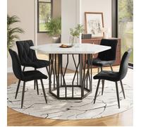 Chaise de salle à manger 5 pièces moderne, table hexagonale aspect marbre + 4 Chaise de salle à manger velours noir cosy