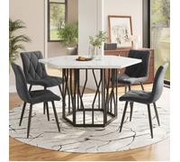 Chaise de salle à manger 5 pièces moderne, table hexagonale aspect marbre + 4 Chaise de salle à manger velours gris chaleureux