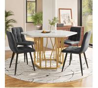 Chaise de salle à manger 5 pièces moderne, table hexagonale marbre + 4 Chaise de salle à manger velours gris cosy