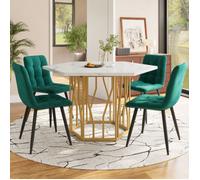 Chaise de salle à manger 5 pièces moderne, table hexagonale marbre + 4 Chaise de salle à manger velours vert cosy