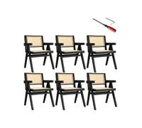 tectake® Lot de 6 Chaises de Salle à Manger Design Noir en Bois massif & Cannage Chaise de table à manger avec Accoudoirs Chaise Confortable pour coiffeuse, chambre, cuisine, bureau, cabinet, dressing