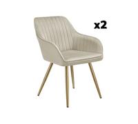 Chaises - TECTAKE - Lot de 2 fauteuils de salle à manger MARYLIN aspect velours et matelassé avec pieds en acier doré - Crème/Or