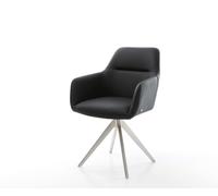 Chaise-de-salle-à-manger Pejo-Flex cuir de vache noir pied croisé angulaire acier inoxydable brossé ressorts ensachés