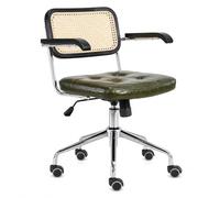 Chaise d'ordinateur en rotin de style rétro - Chaise de bureau ergonomique pivotante avec accoudoirs rembourrés, roues silencieuses en polyuréthane et soutien du dossier moyen pour bureau à domicile