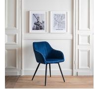 Happy Garden Chaise BERTILLE – rembourrée en velours, dossier & accoudoirs, pieds métal noirs, bleue
