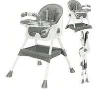Chaise haute 3-en-1 pour bébé - Chaise haute E500 - Pliable - Réglable - Double plateau amovible - Harnais à 5 points - Repose-pieds et roulettes - Gris
