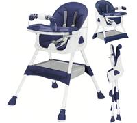 Chaise haute 3-en-1 pour bébé - Chaise haute E500 - Pliable - Réglable - Double plateau amovible - Harnais à 5 points - Repose-pieds et roulettes - Bleu